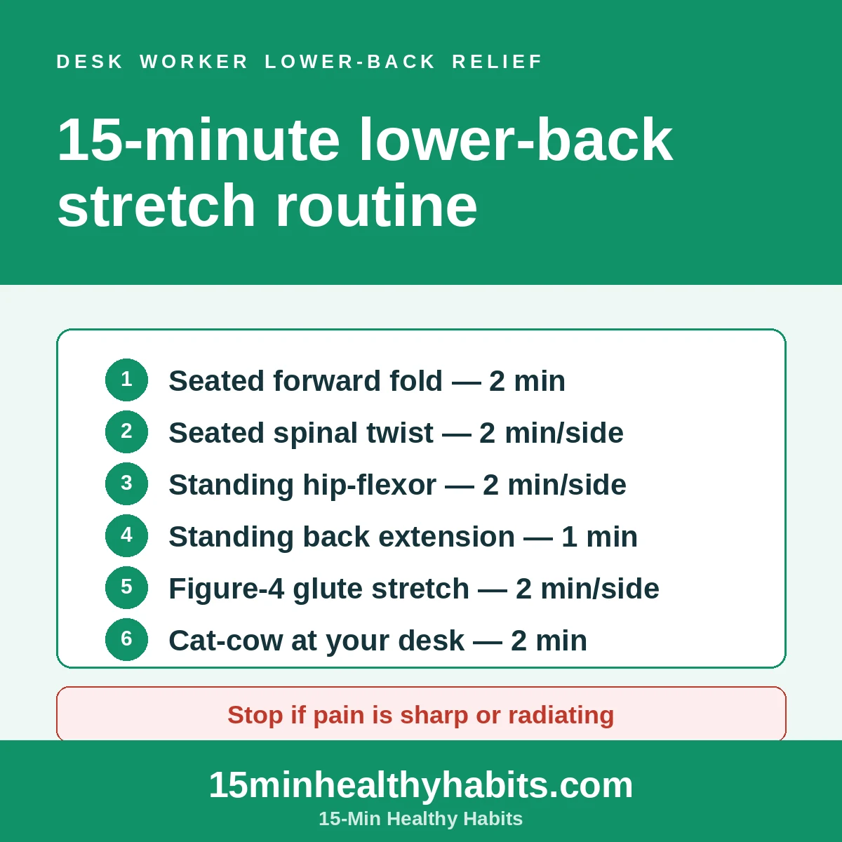 15-minute lower-back stretch routine for desk workers: seated forward fold, spinal twist, hip-flexor stretch, back extension, figure-4 glute stretch and cat-cow.