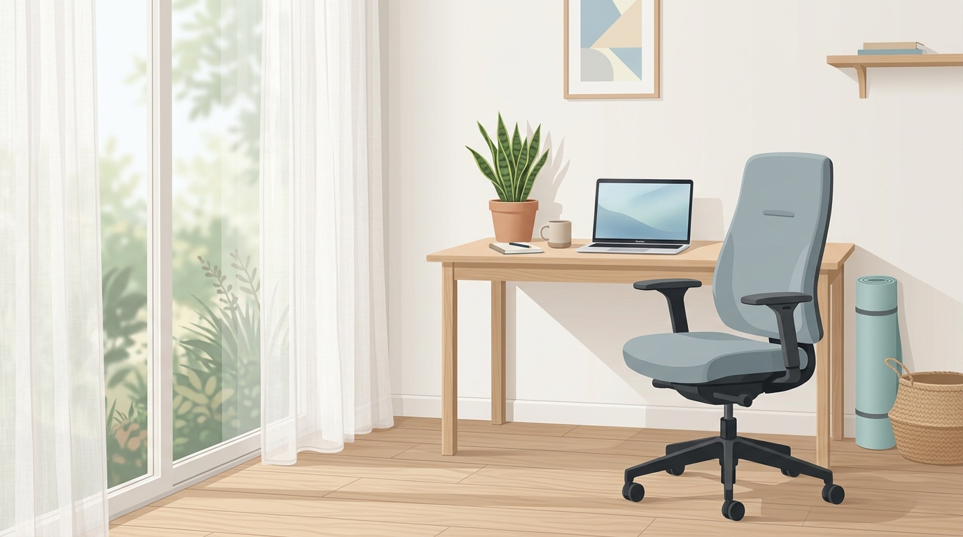 Modern home office corner with a yoga mat ready for a 15-minute back stretch routine for desk workers.