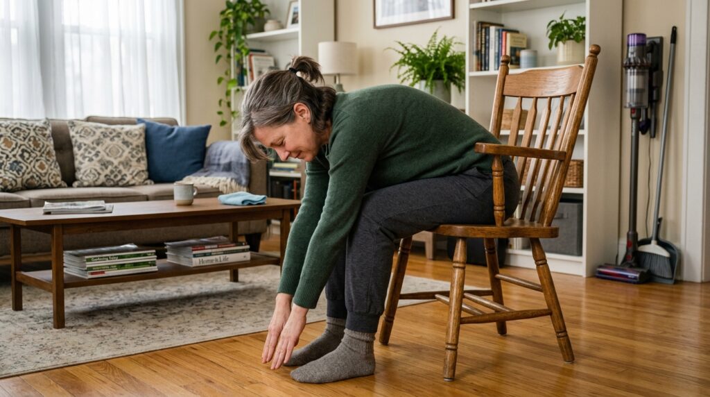 Person sitting on a sturdy chair and gently folding forward to stretch the lower back as part of a 15-minute recovery stretch after housework.