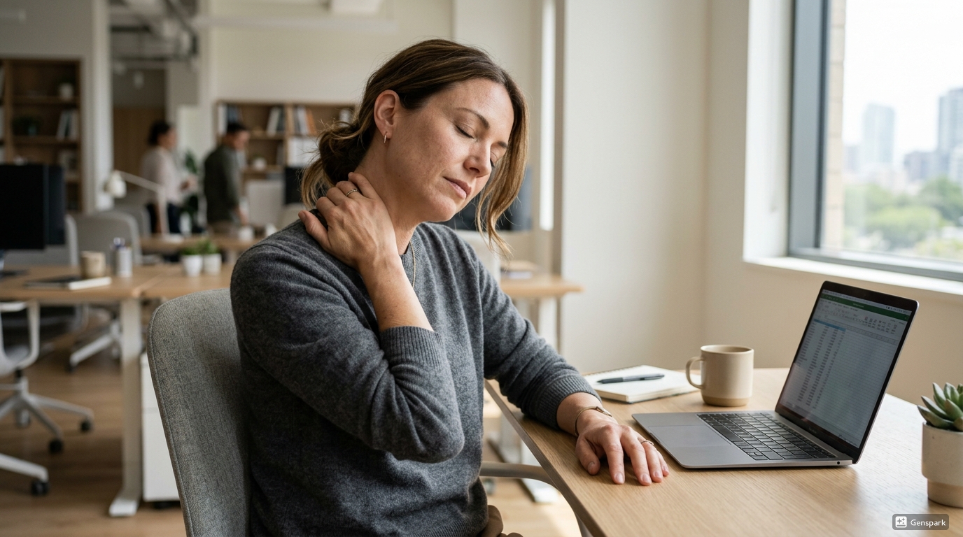 Office worker gently holding neck and shoulder after long hours at the desk
