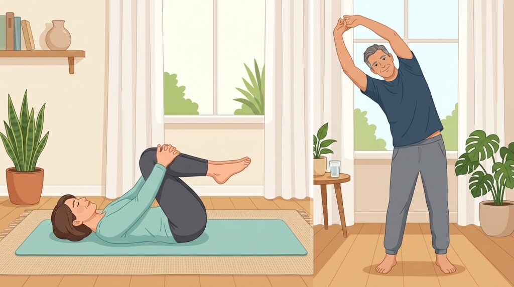 Middle-aged person lying on a mat pulling knees to the chest and then standing with arms overhead for a full-body side bend stretch.