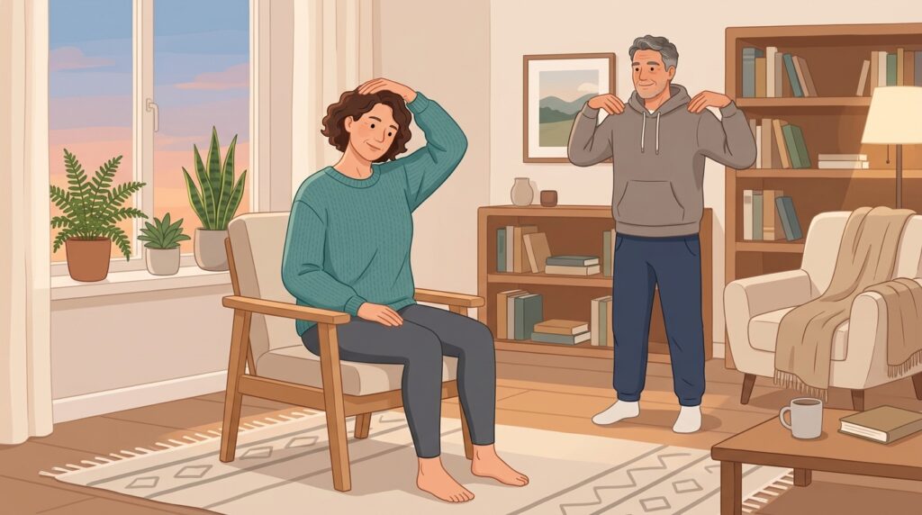 Middle-aged person sitting on a chair doing a gentle neck and shoulder stretch at home as part of a 15-minute routine.