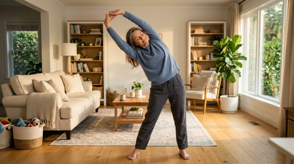 Middle-aged adult standing in a clean living room, reaching arms overhead and leaning to the side for a gentle full-body recovery stretch after cleaning.