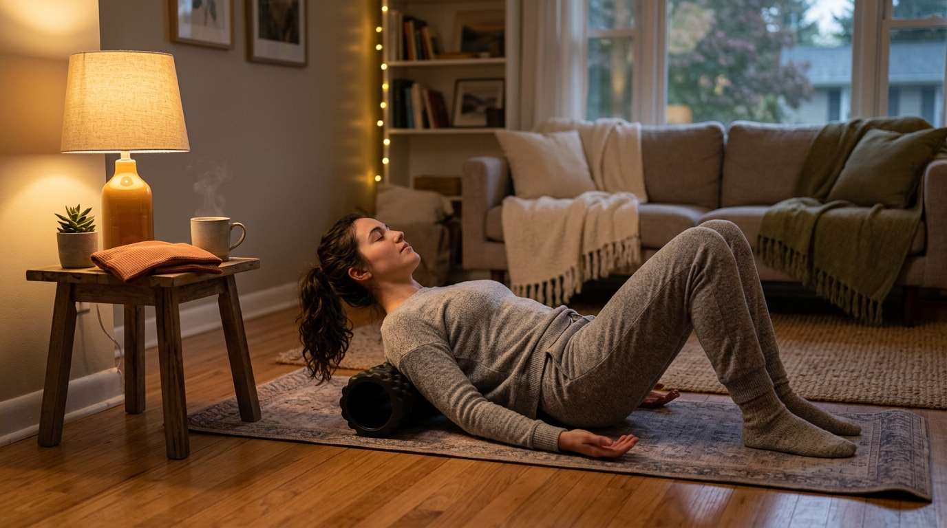 A young adult relaxing on a yoga mat with a foam roller under the upper back, a warm lamp, heat pack and herbal tea nearby for an evening full-body recovery routine.