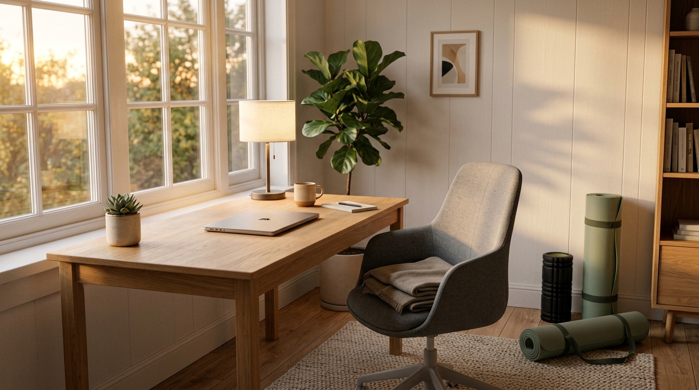 A warm home office with a foam roller and yoga mat ready for a 15-minute posture reset routine.