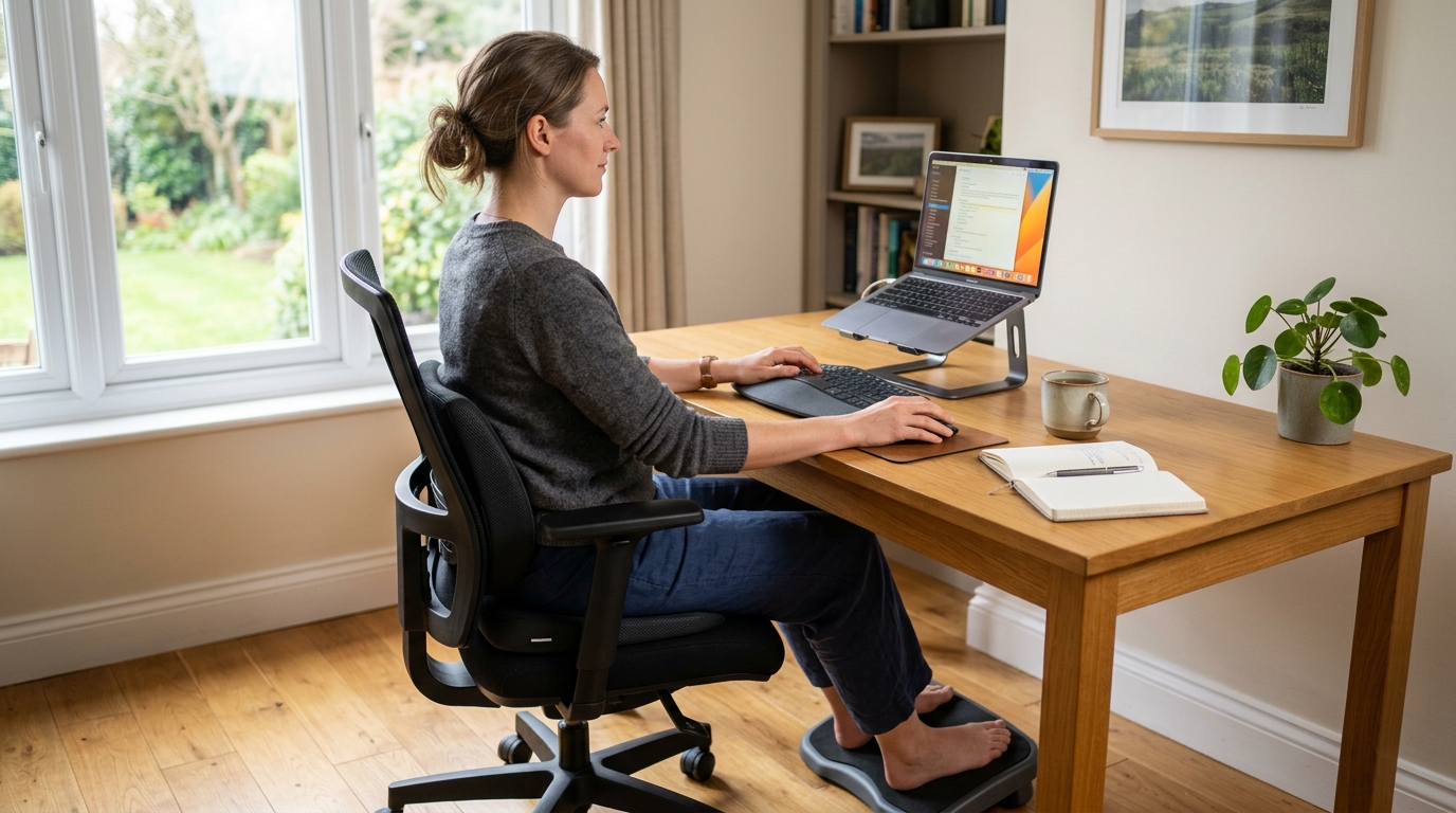 A realistic home office desk where a remote worker sits with good posture on an ergonomic chair with a lumbar cushion during a 15-minute posture check routine.