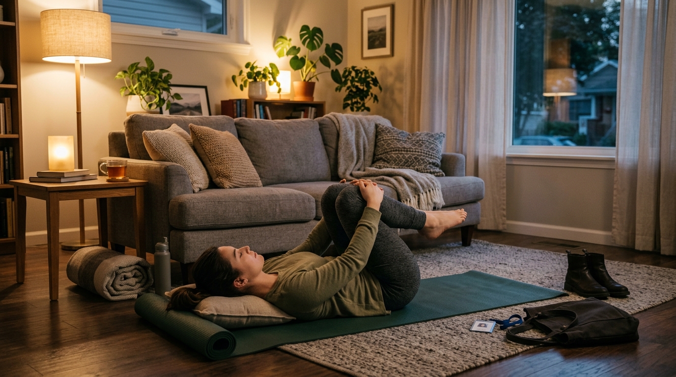 A tired worker at home stretching on a yoga mat, gently hugging their knees to the chest as a 15-minute routine to ease lower back and pelvis tension after standing all day.