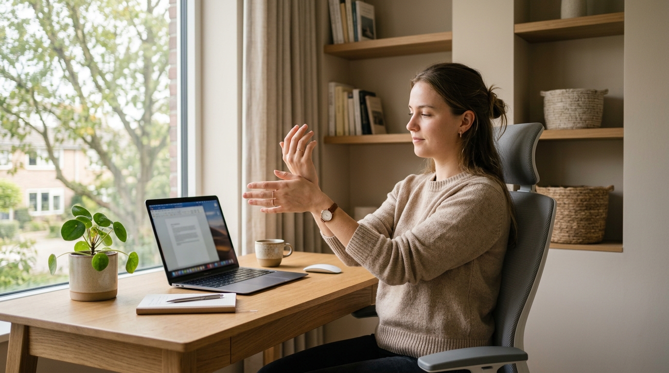 A student desk worker gently stretching their wrists at a laptop as part of a 15-minute wrist stretch routine.