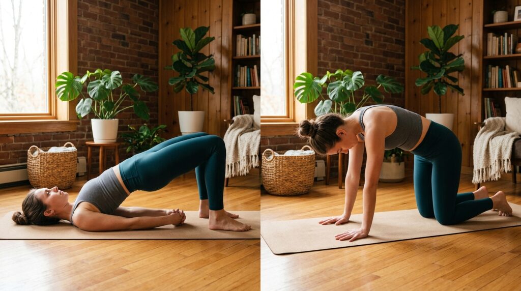 A person doing a bridge pose and a cat–cow stretch on a yoga mat in a calm living room as part of a 15-minute pelvis and lower back reset routine.