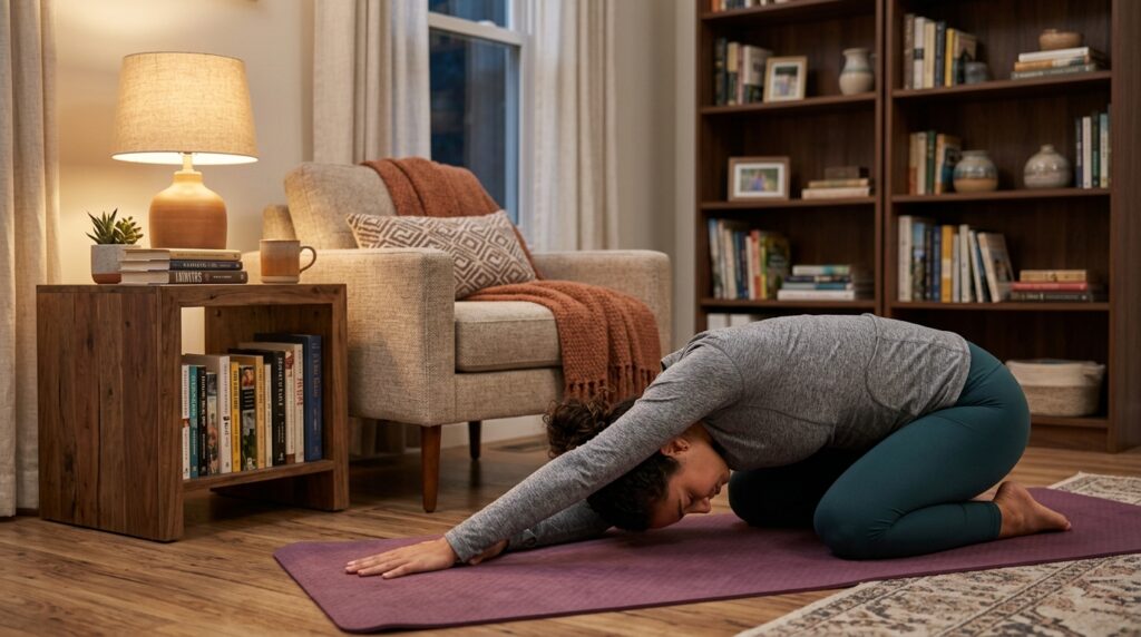 Person on a yoga mat in child’s pose with a side stretch to relax the upper body