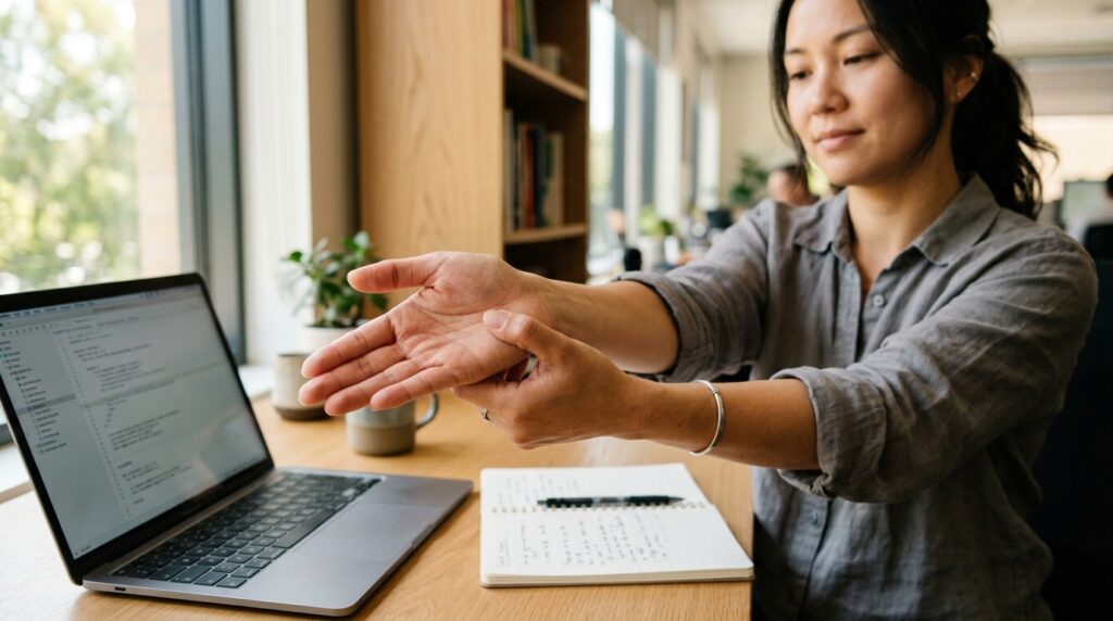 Close-up of a desk worker stretching fingers and palm to warm up the wrist before typing.