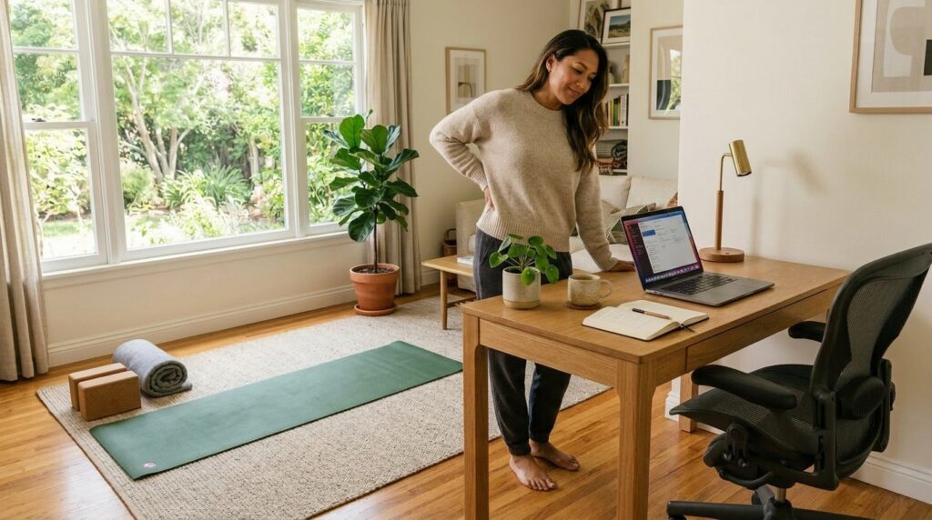 Desk worker standing up in a bright home office, touching the lower back before starting a 15-minute pelvis stretch routine.