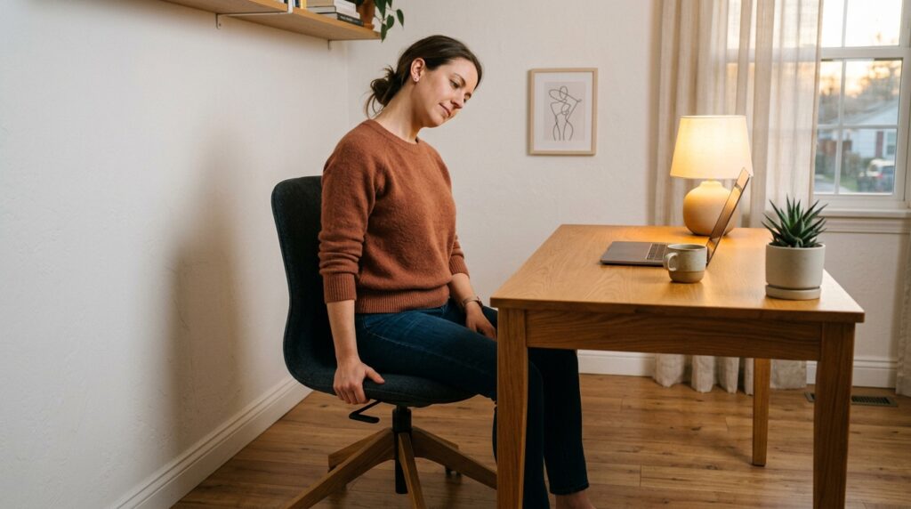 Person in a cozy home office doing a seated neck stretch at their desk to release stiffness from a day of sitting.