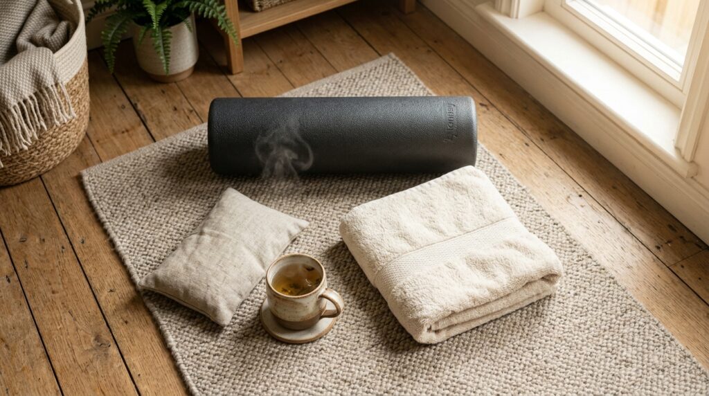An overhead view of a home stretch corner with a foam roller, folded towel, reusable heat pack and a steaming mug of herbal tea laid out for a 15-minute recovery routine.