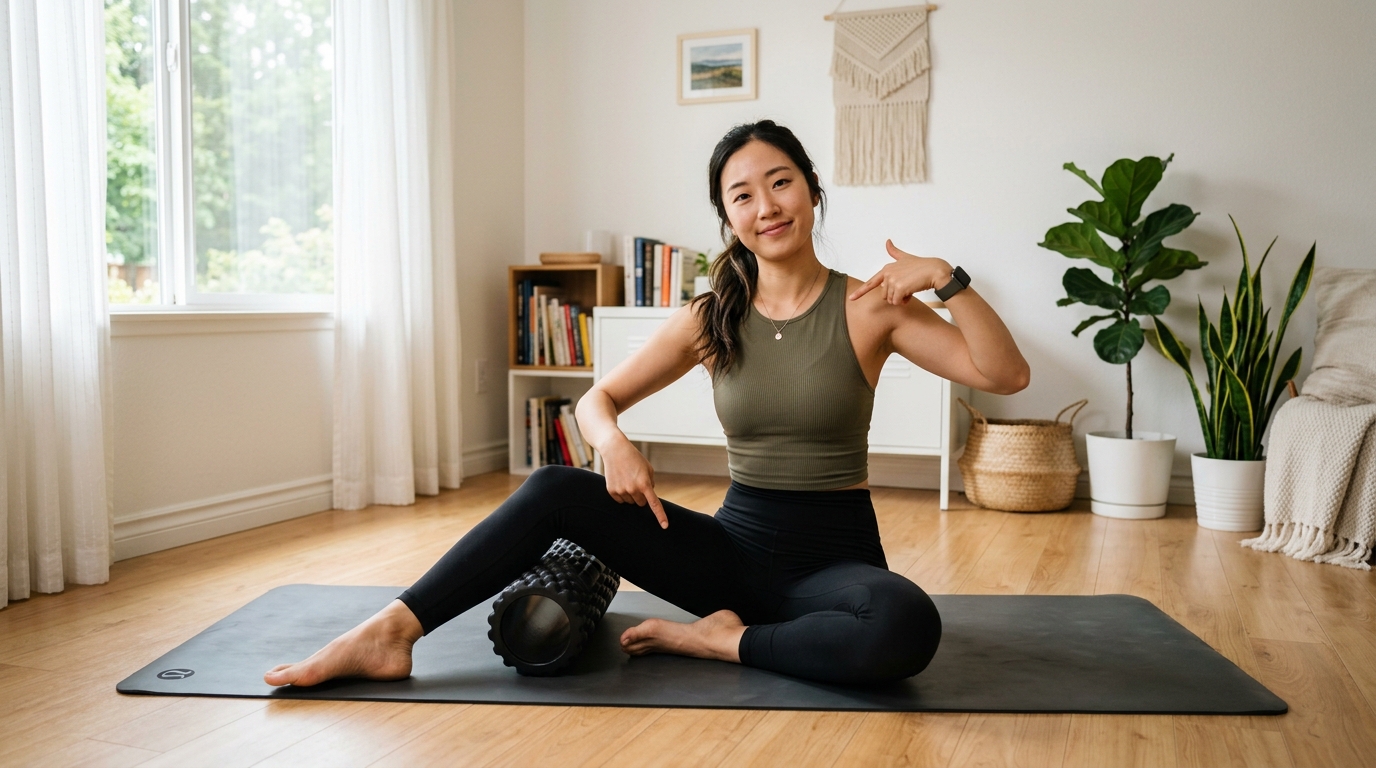 A beginner sitting on a yoga mat with a foam roller beside them, pointing to their upper back and thighs while clearly avoiding the lower back and knees as part of a safe foam roller routine.