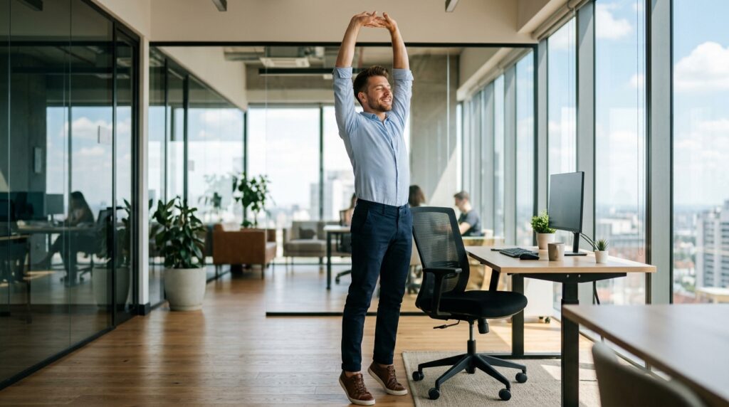 Office worker doing full-body overhead stretch to release tension and boost energy