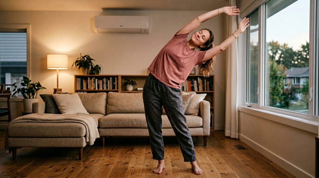 Person in comfortable home clothes standing in a living room, stretching their arms overhead and to the side to open the chest and ribcage as a gentle recovery stretch after air conditioning fatigue.