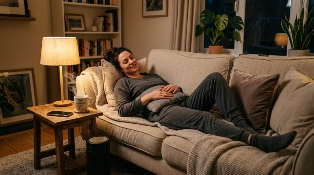 A person reclining comfortably with a warm heat pack across the lower back and a foam roller set aside, while a mug of herbal tea rests on a small table as part of an evening recovery routine.