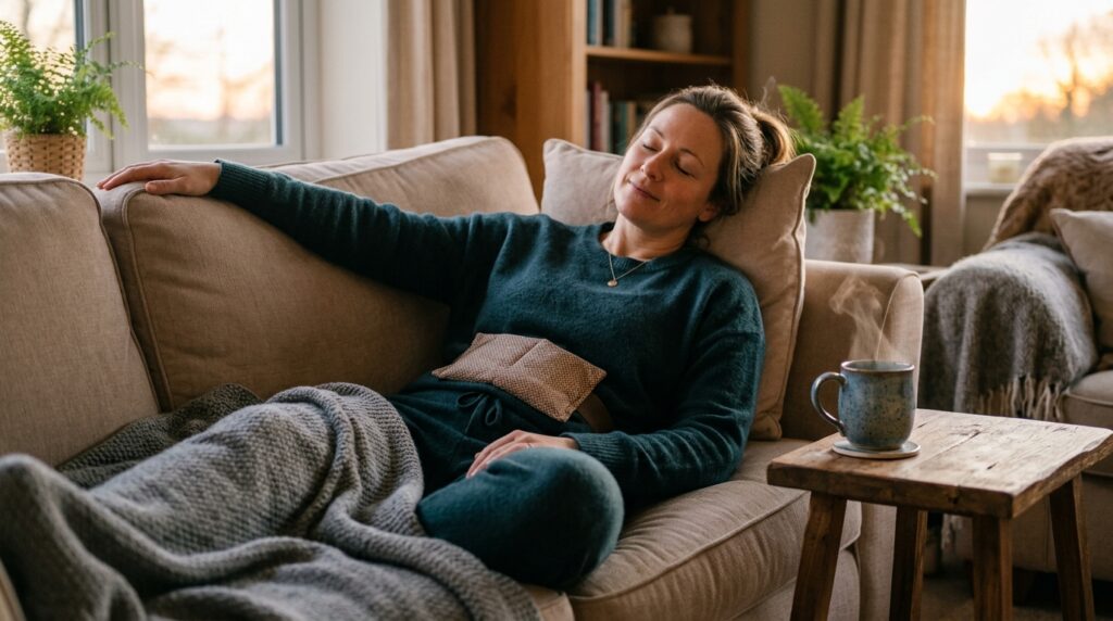 Adult relaxing on a sofa after gentle full-body stretching, using a warm heat pack and sipping herbal tea as part of a 15-minute recovery routine after air conditioning fatigue.