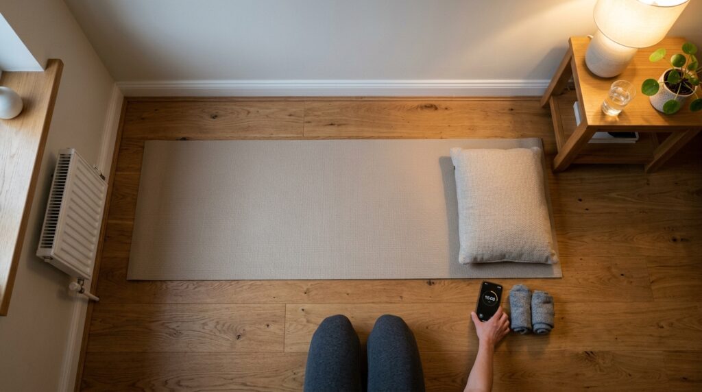 A cozy home corner with a yoga mat, small cushion, and phone timer laid out on the floor, prepared for a gentle 15-minute lower back and pelvis stretch routine after standing all day.