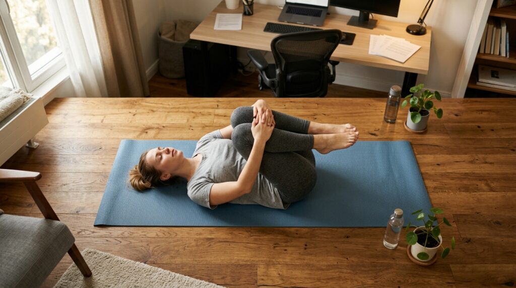 A desk worker lying on a yoga mat at home gently hugging both knees to the chest as a warm-up stretch for lower back and posture.