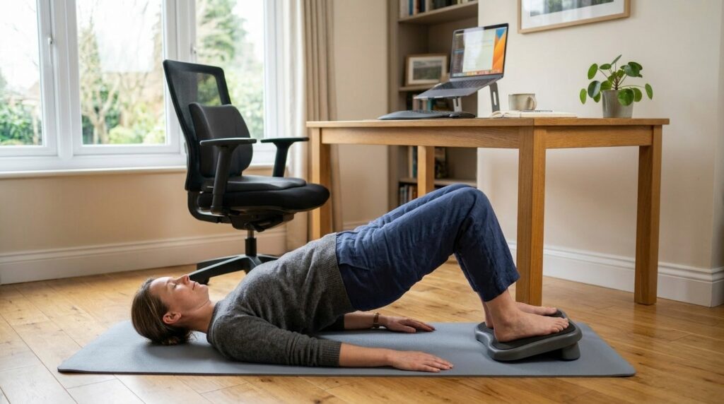 A remote worker lying on a mat near their desk and holding a gentle bridge pose as part of a 15-minute posture reset routine.