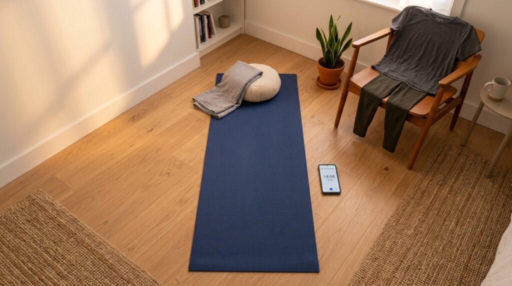 A cozy home corner with a yoga mat, small cushion, and phone timer laid out, prepared for a gentle 15-minute pelvis and lower back reset routine.