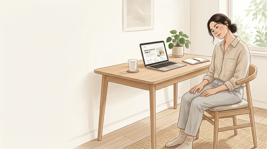 A desk worker doing a gentle neck and shoulder stretch beside a laptop