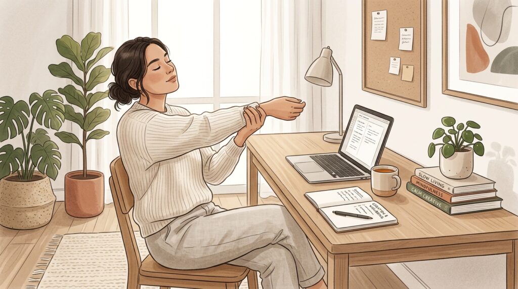 A writer taking a short stretch break while working at a desk