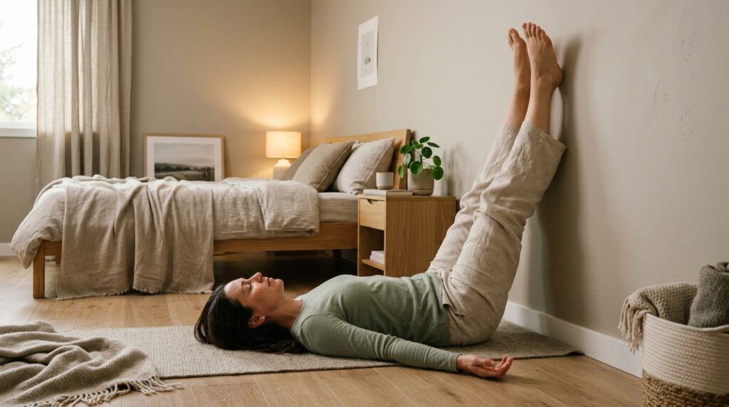 A person resting in a legs-up pose against the wall to relax their lower back and hips at the end of a post-driving stretch routine.