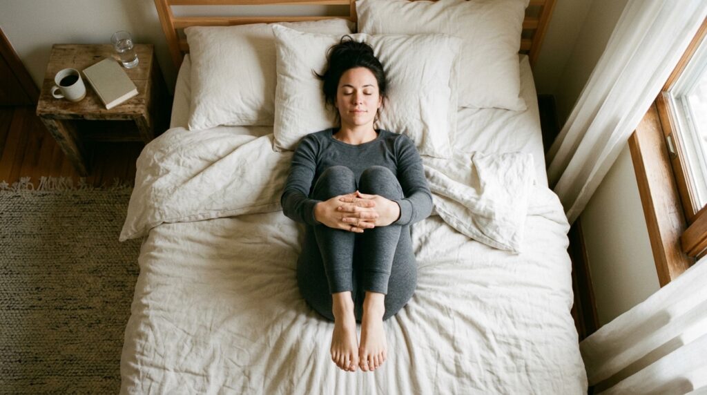 A person lying on their back on a bed, gently pulling both knees toward their chest to ease lower back stiffness in a morning spine routine.