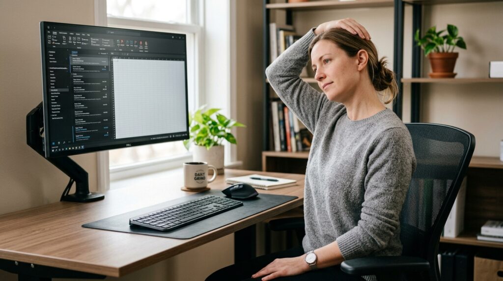 person sitting upright at a computer desk gently pulling their head to the side to stretch the neck after long desk work