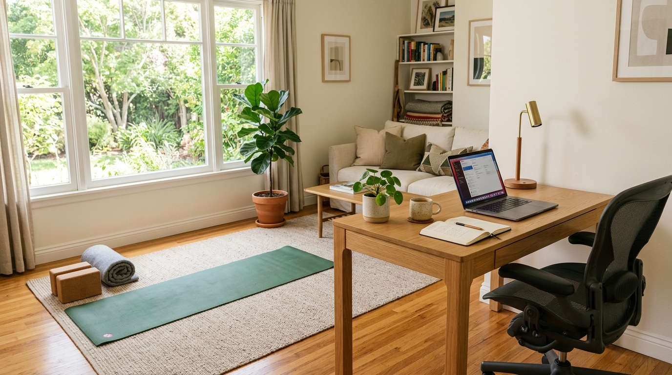 Home office scene with desk and yoga mat prepared for a 15-minute pelvis and lower back reset routine after long sitting.