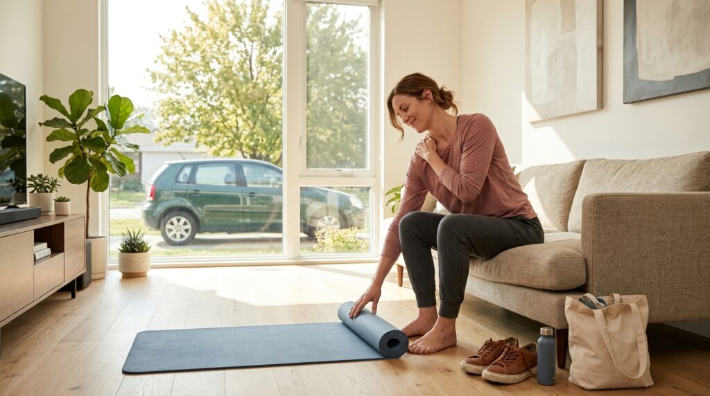 An adult preparing a yoga mat in a living room after a long car trip, getting ready for a gentle post-driving stretch routine.
