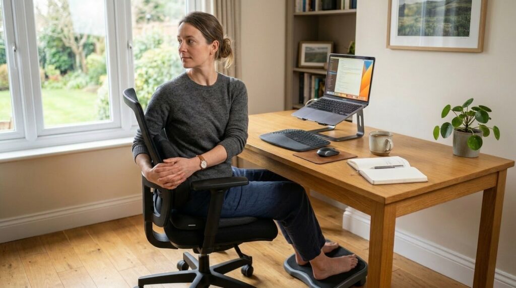A remote worker performing a gentle seated twist on an office chair during a 15-minute posture check routine in a home office.