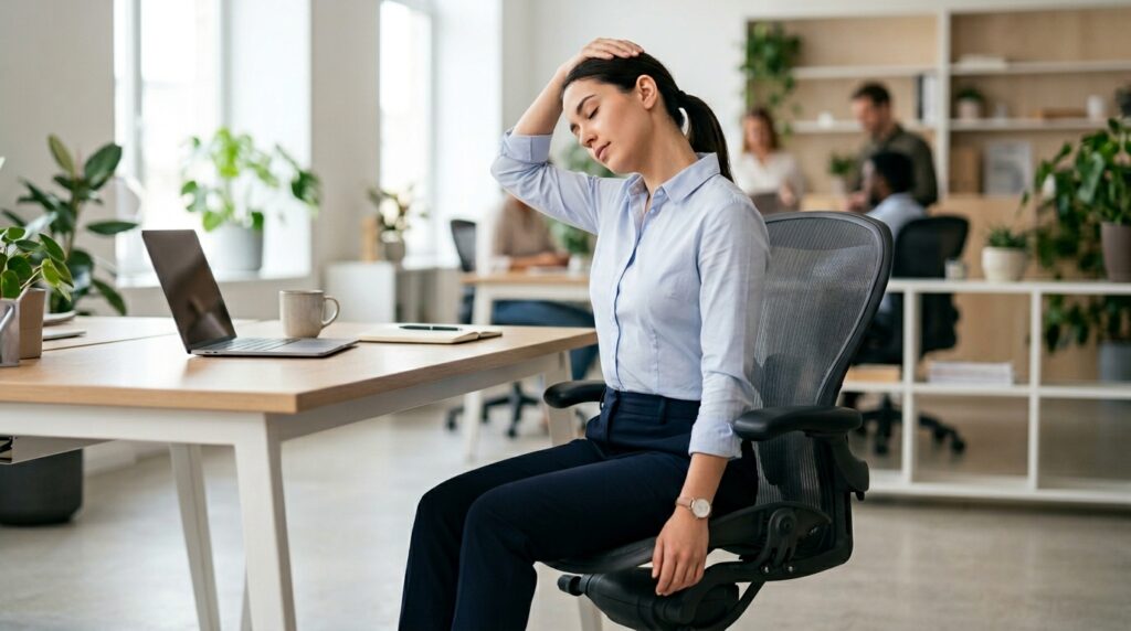 Professional performing gentle neck side stretch while seated in office chair