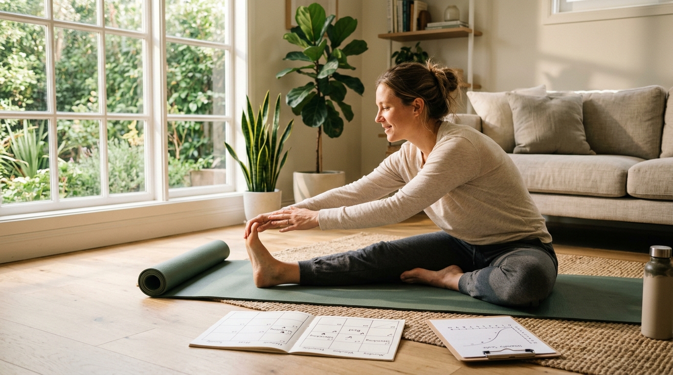 A person stretching on a yoga mat in a bright living room while checking a simple weekly stretching plan on a clipboard to decide a realistic frequency and intensity.
