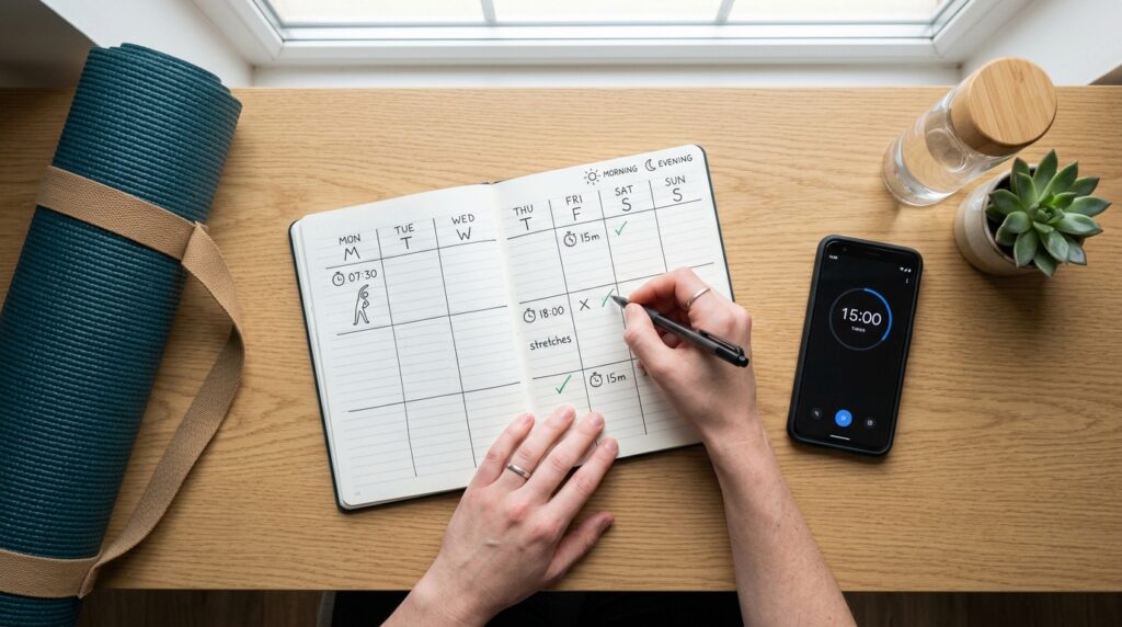 An overhead view of a tidy desk with an open notebook showing a weekly stretching schedule, a pen, and a watch or phone set to a 15-minute stretching routine.