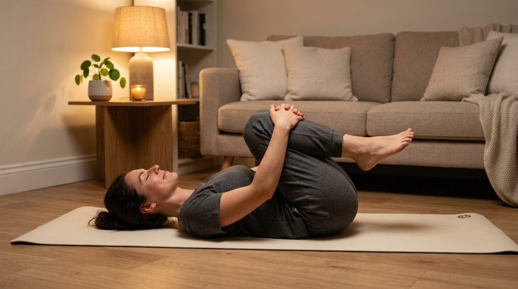 Person lying on a yoga mat and gently hugging both knees to the chest to relax the lower back at the end of a posture reset routine.