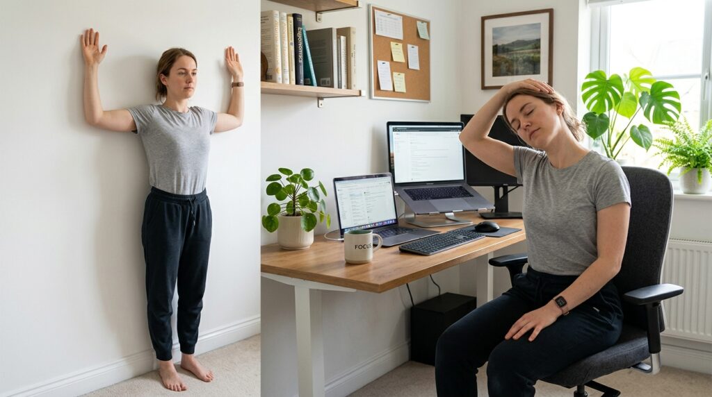 A home office worker doing a wall W posture exercise and a seated neck stretch as part of a 15-minute home office posture reset routine.