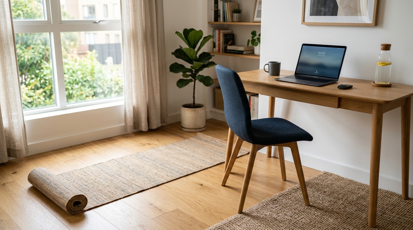 Gentle 15-minute pelvic reset space with yoga mat and home office desk for desk workers