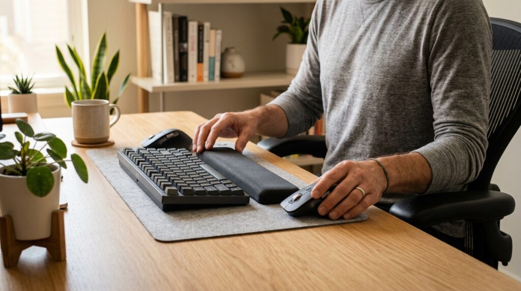 A person adjusting keyboard, palm rest, and mouse position to create an ergonomic wrist support setup.