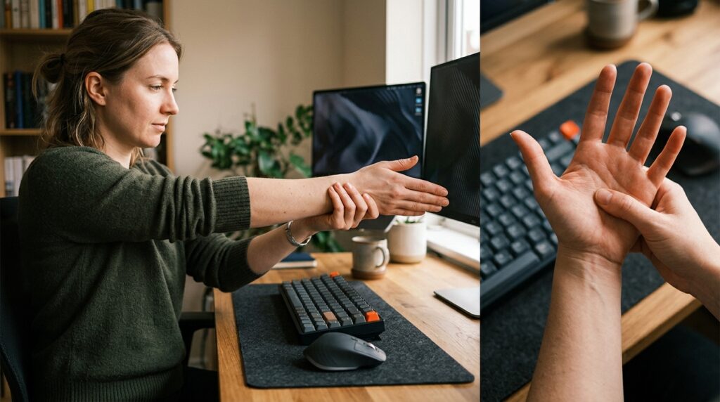 A close-up of a desk worker performing a wrist and forearm stretch while massaging the center of the palm.