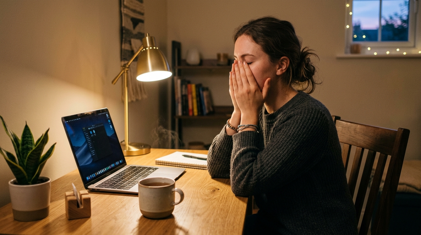 A person gently covering their tired eyes with warm hands at an evening desk after a long day of screen time.