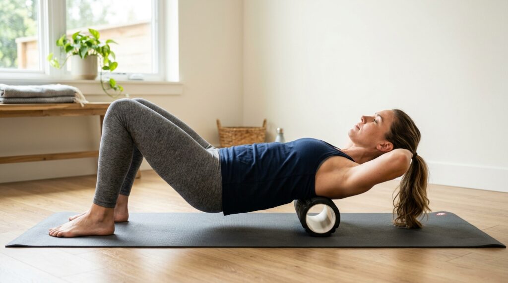 Person lying on foam roller with proper upper back positioning and head support for thoracic release