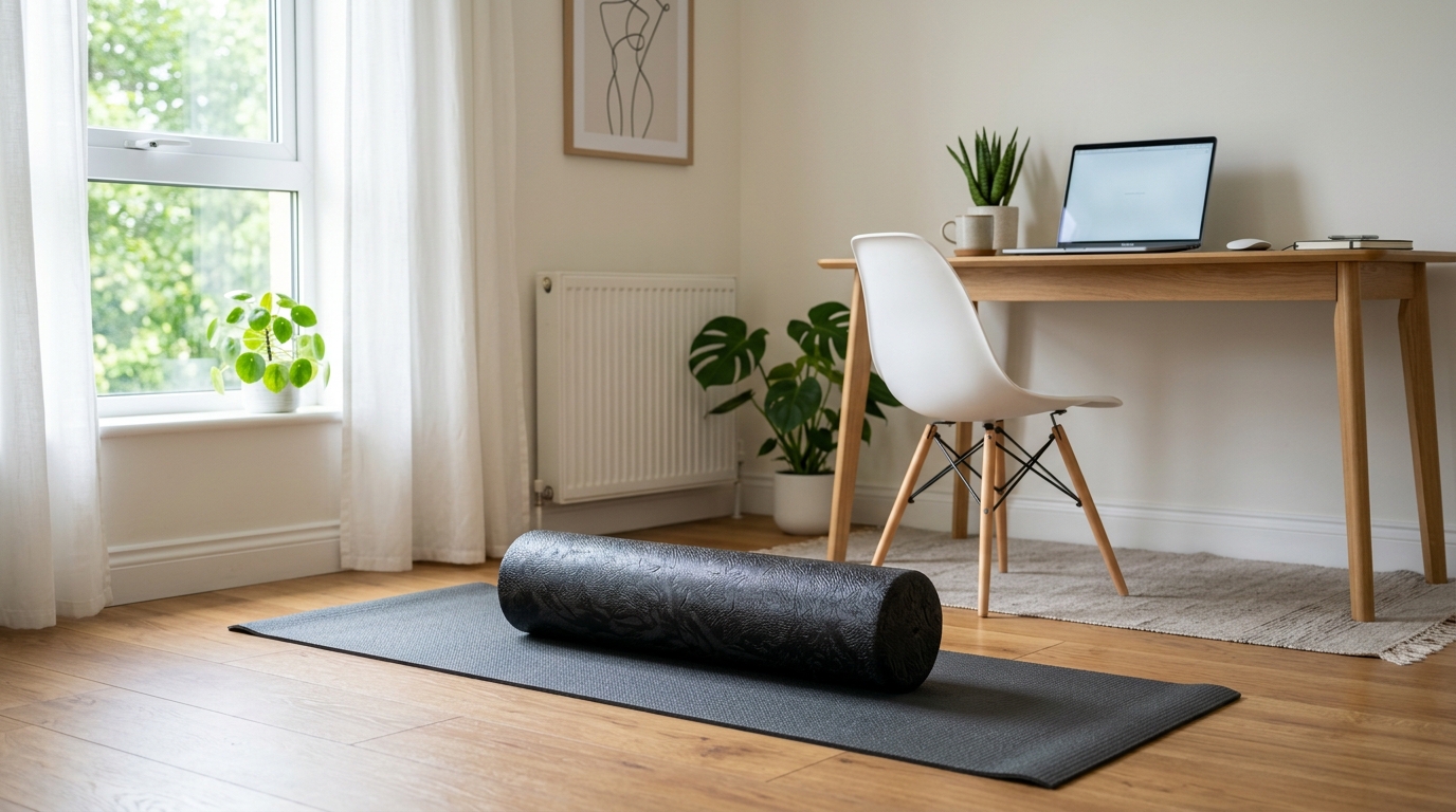 Foam roller positioned on yoga mat ready for upper back routine in bright home office setting