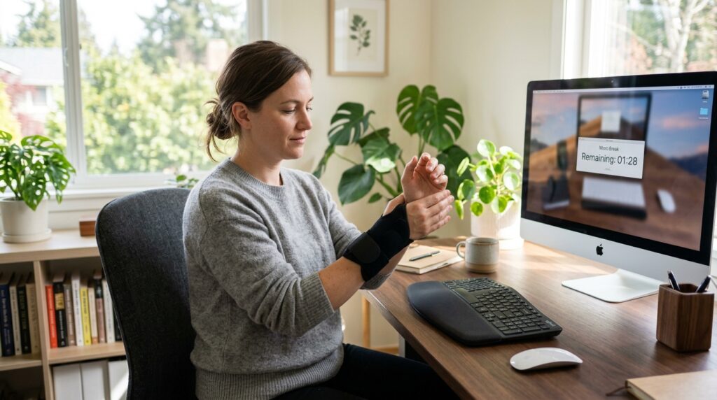 A desk worker taking a micro break, shaking out wrists during a 15-minute wrist reset routine.