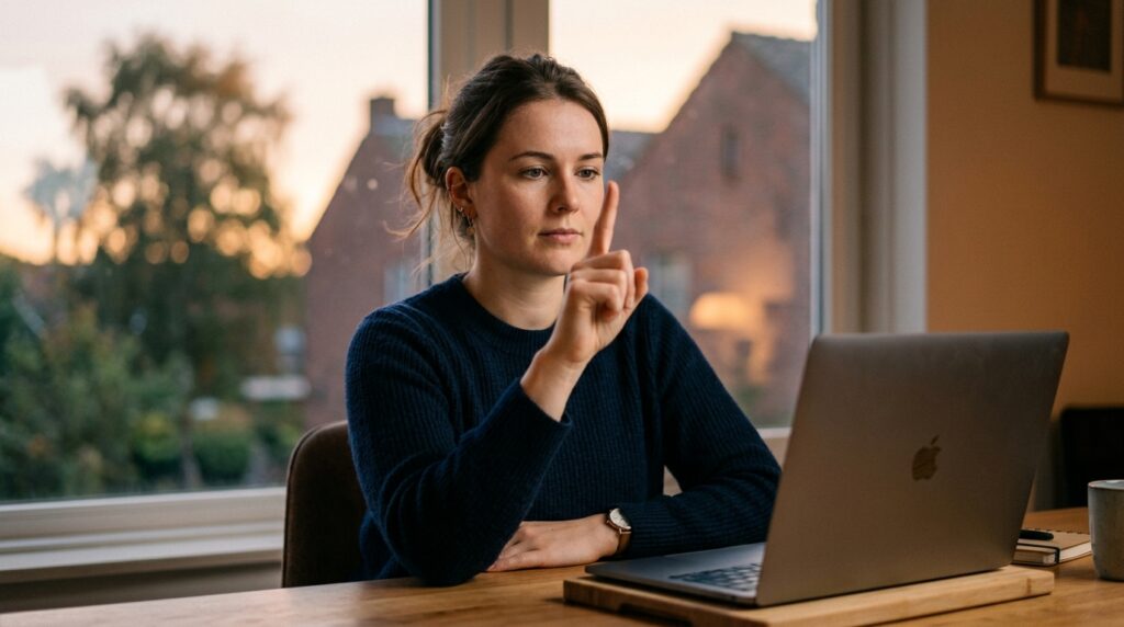 A person at a tidy desk looking at a raised finger with a distant window view behind to practice near and far focus eye exercises.