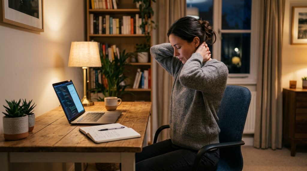 A person sitting at a study desk interlacing their hands behind the head to stretch the back of the neck before an evening routine.