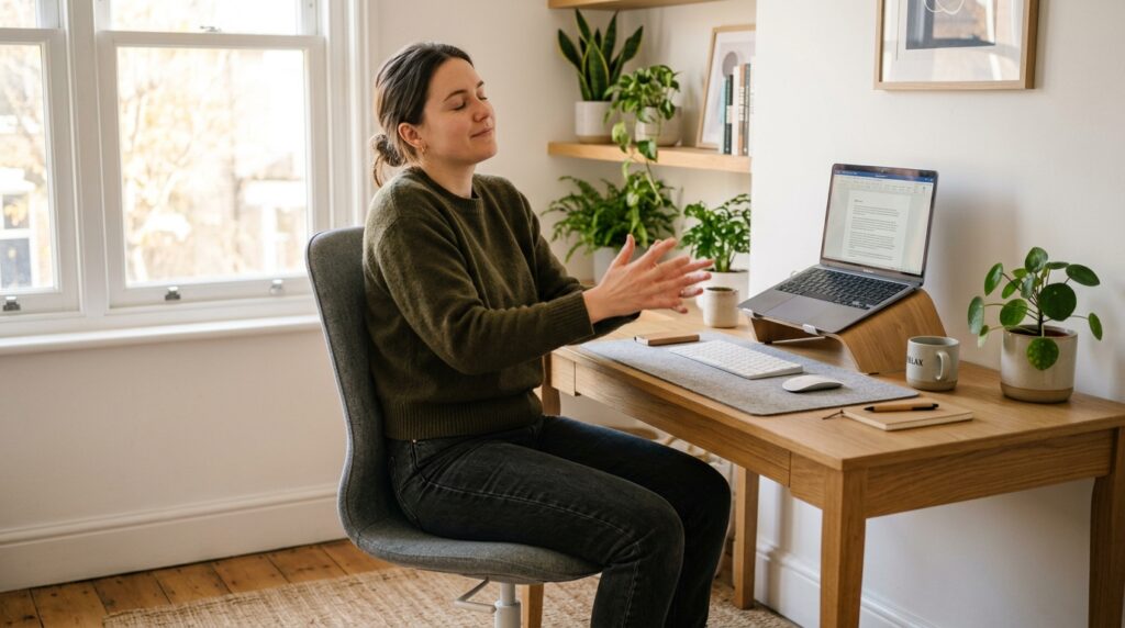 A person at a computer desk shaking out their hands and shoulders right after a long typing session.